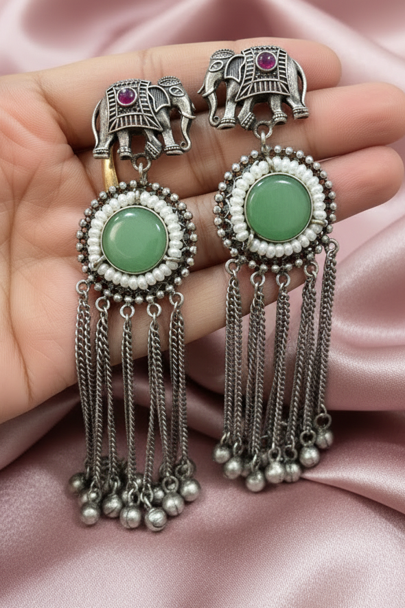 Heritage Elephant Motif Silver Tassel Statement Earring