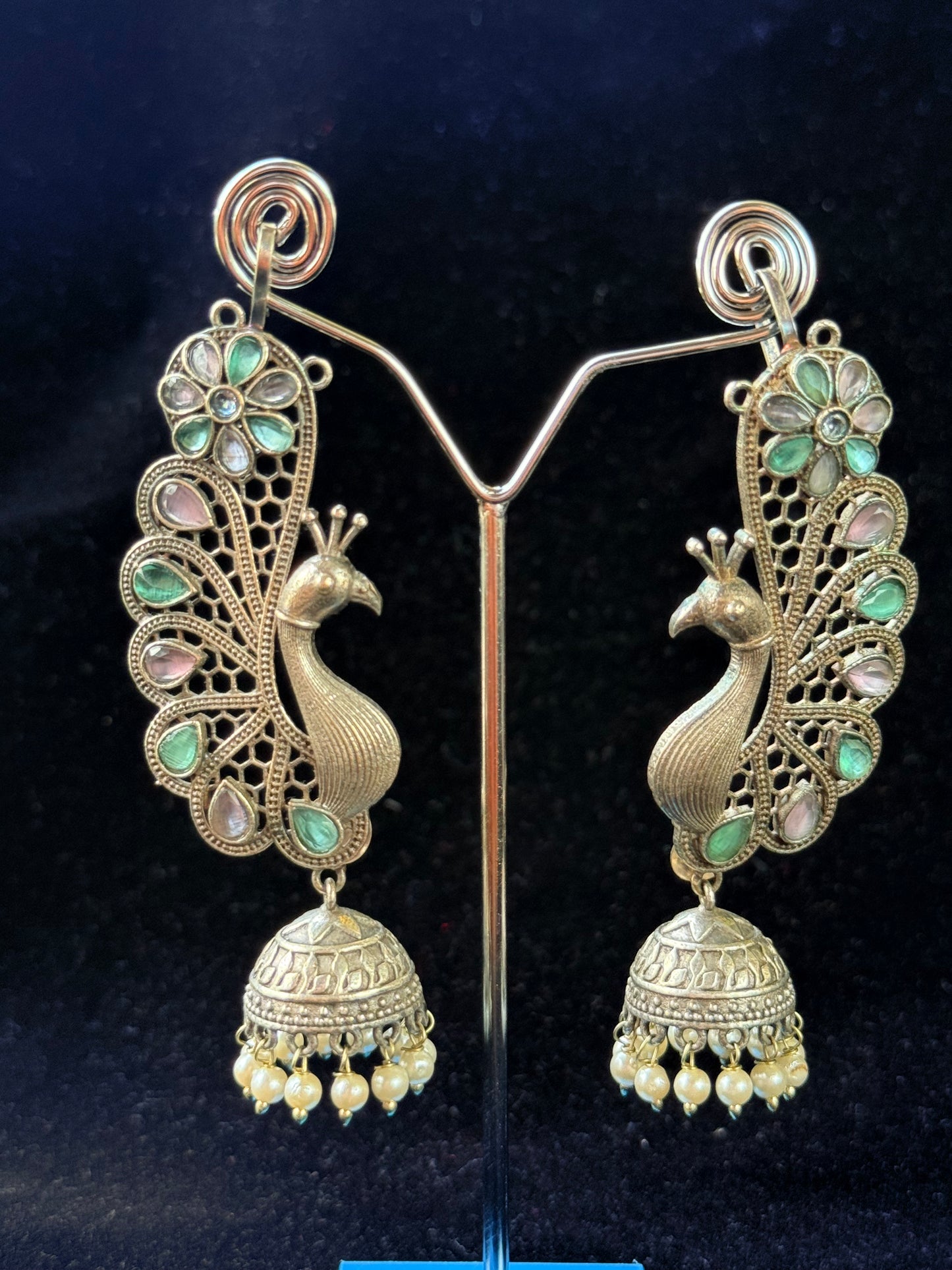 Pastel pink and green Peacock Jhumkas