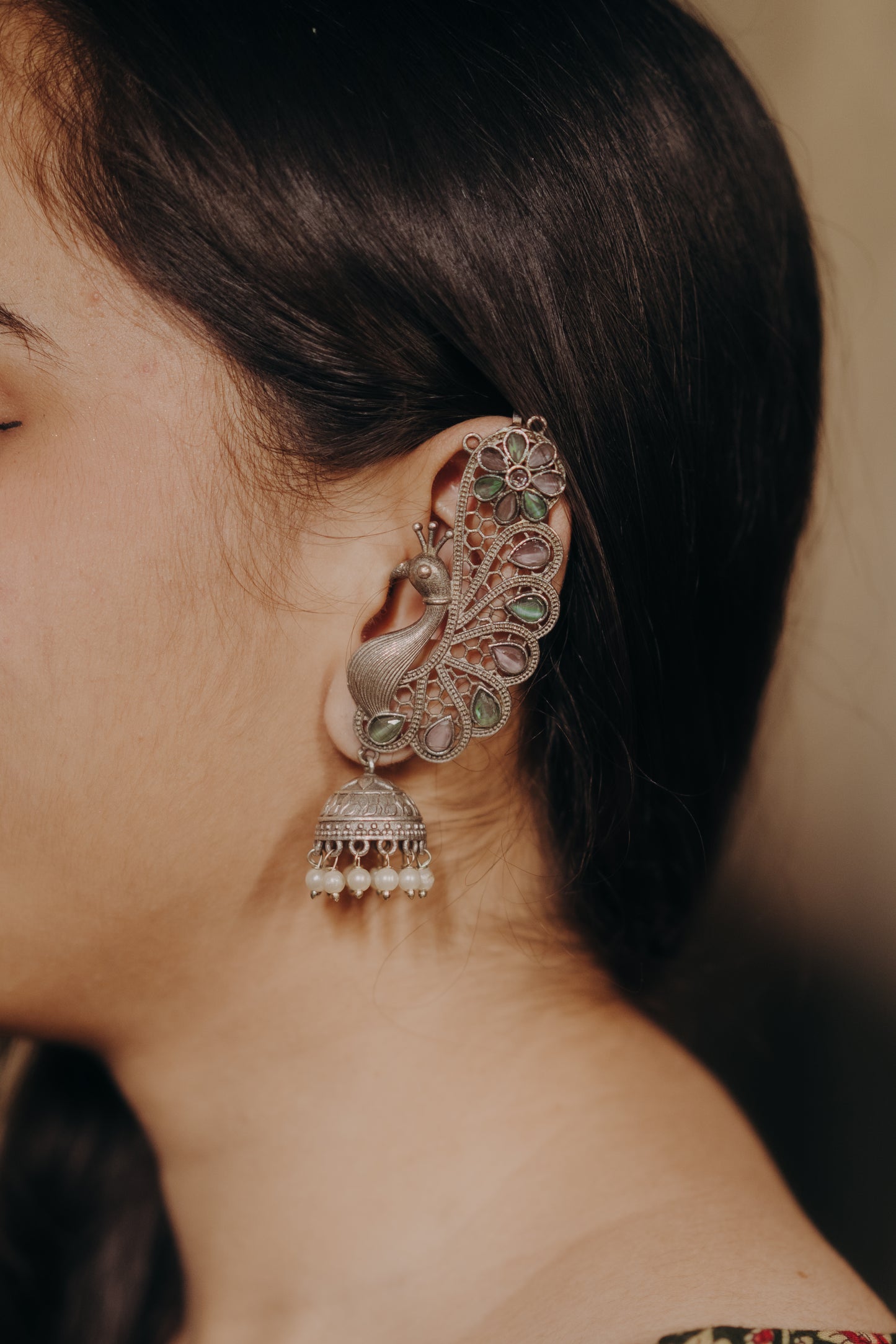 Pastel pink and green  Peacock Jhumkas