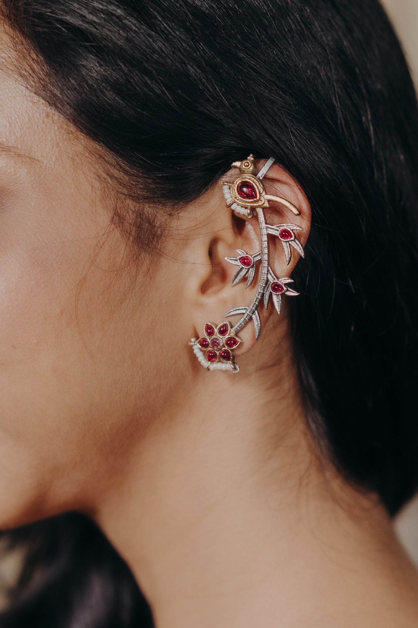 Panchi kaan Phool (  ruby pink ear cuffs )