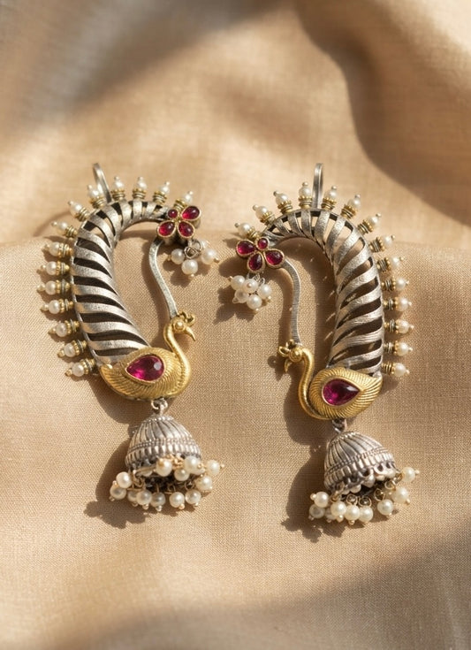 Mayura Pearl Jhumka Ear Cuffs(ruby)