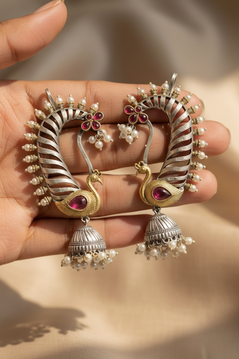 Mayura Pearl Jhumka Ear Cuffs(ruby)