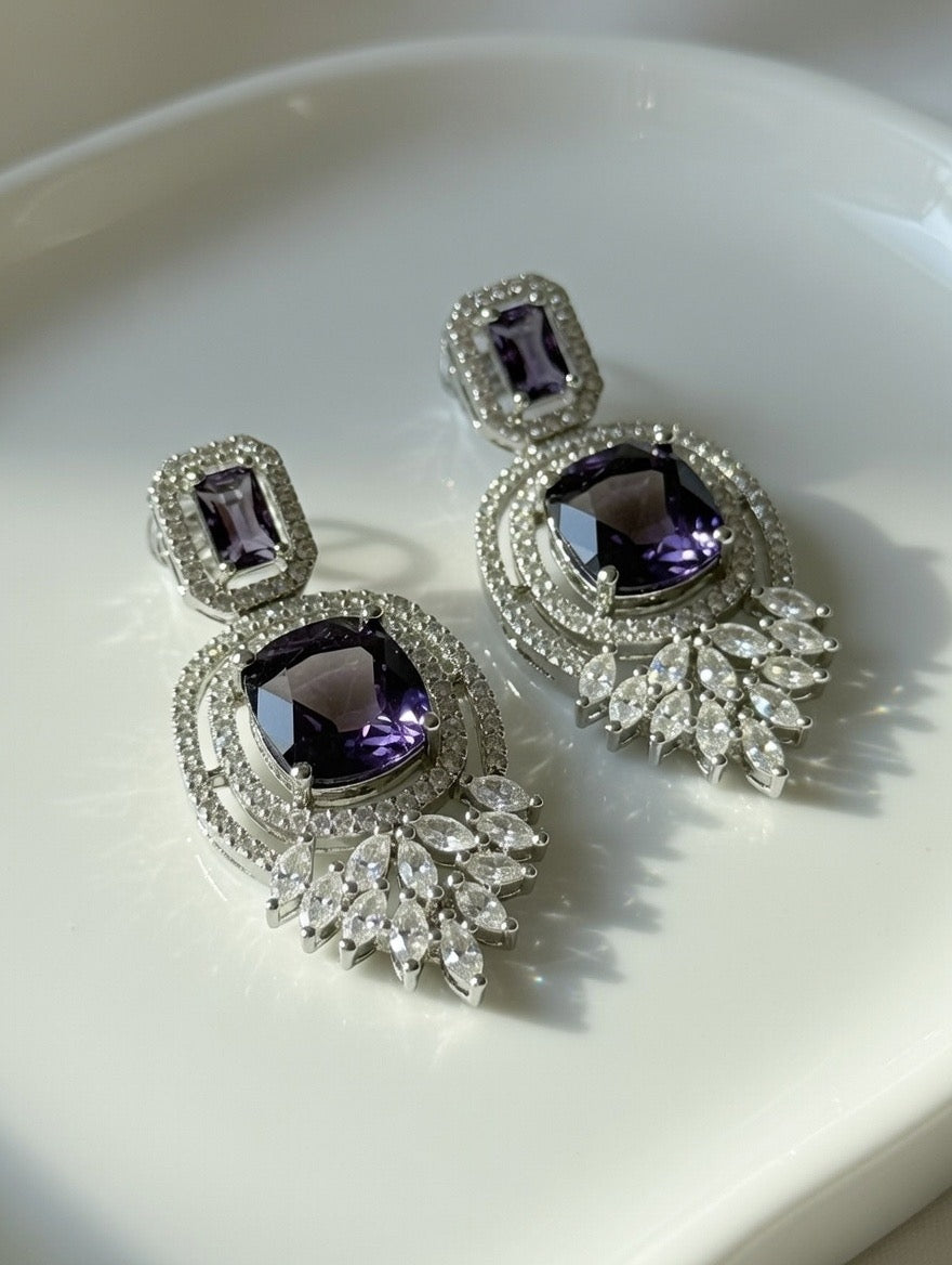 Amethyst Halo Drop Earrings