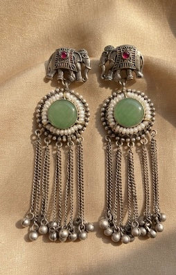 Heritage Elephant Motif Silver Tassel Statement Earring
